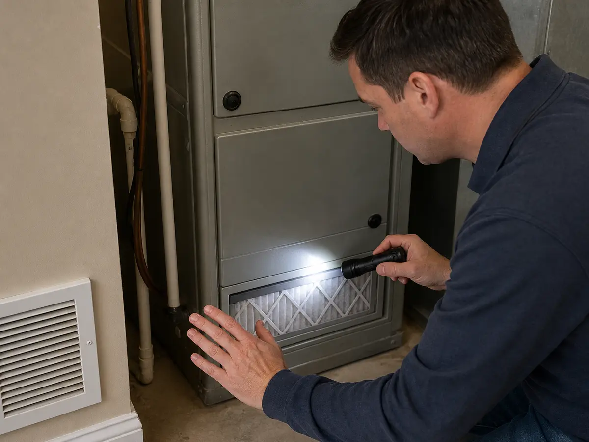 Inspection flashlight checking the outside of an HVAC cabinet after shutdown