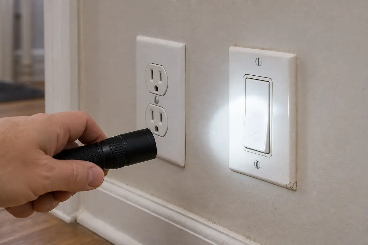 Inspection flashlight used near wall devices while sorting buzzing in a wall
