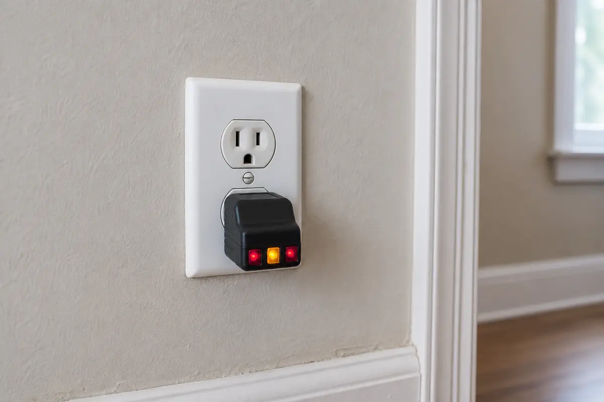 Plug-in outlet tester for checking a receptacle linked to buzzing in a wall