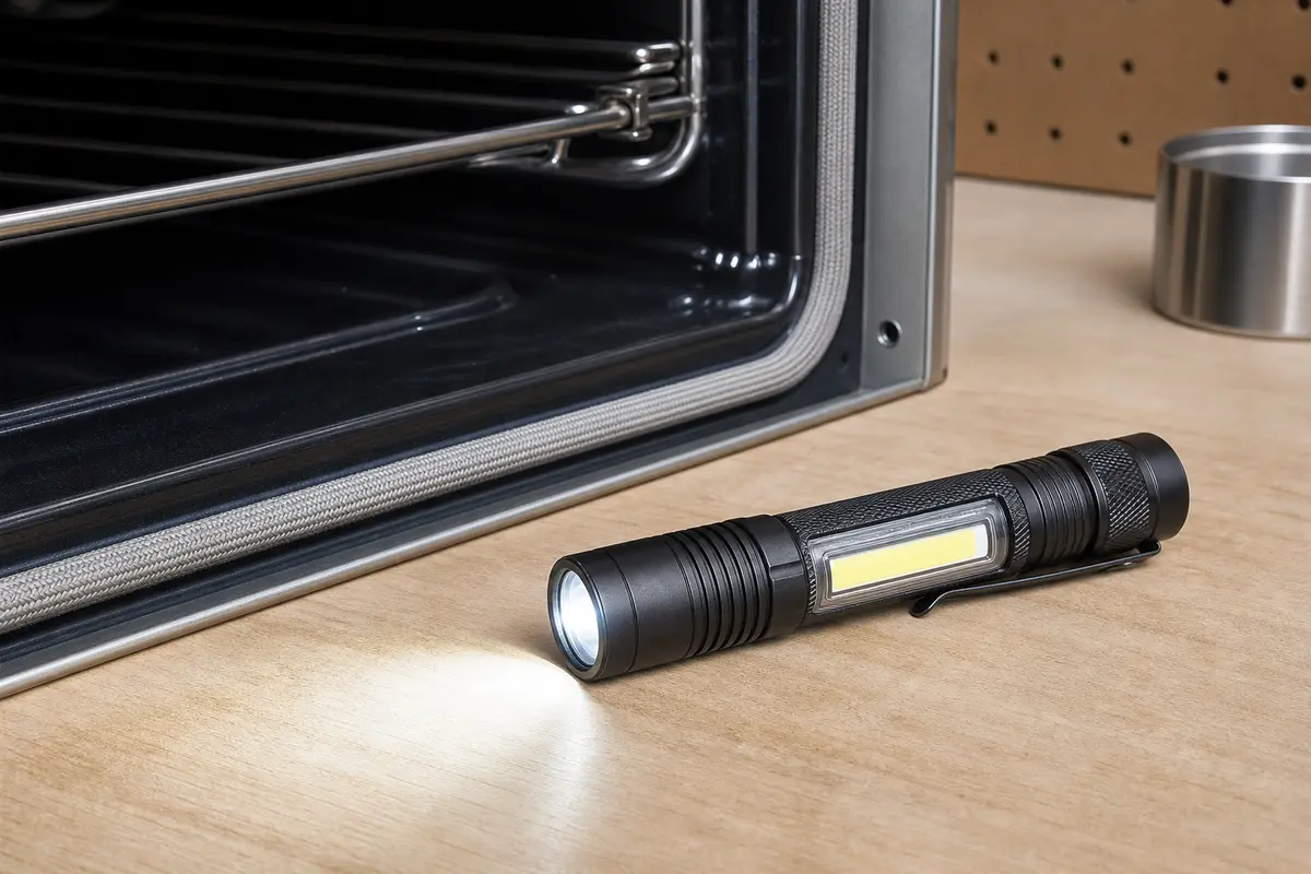 Compact LED inspection flashlight beside a cool oven opening