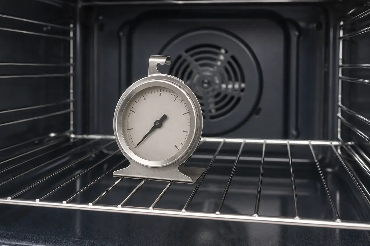 Oven-safe dial thermometer standing on a cool oven rack
