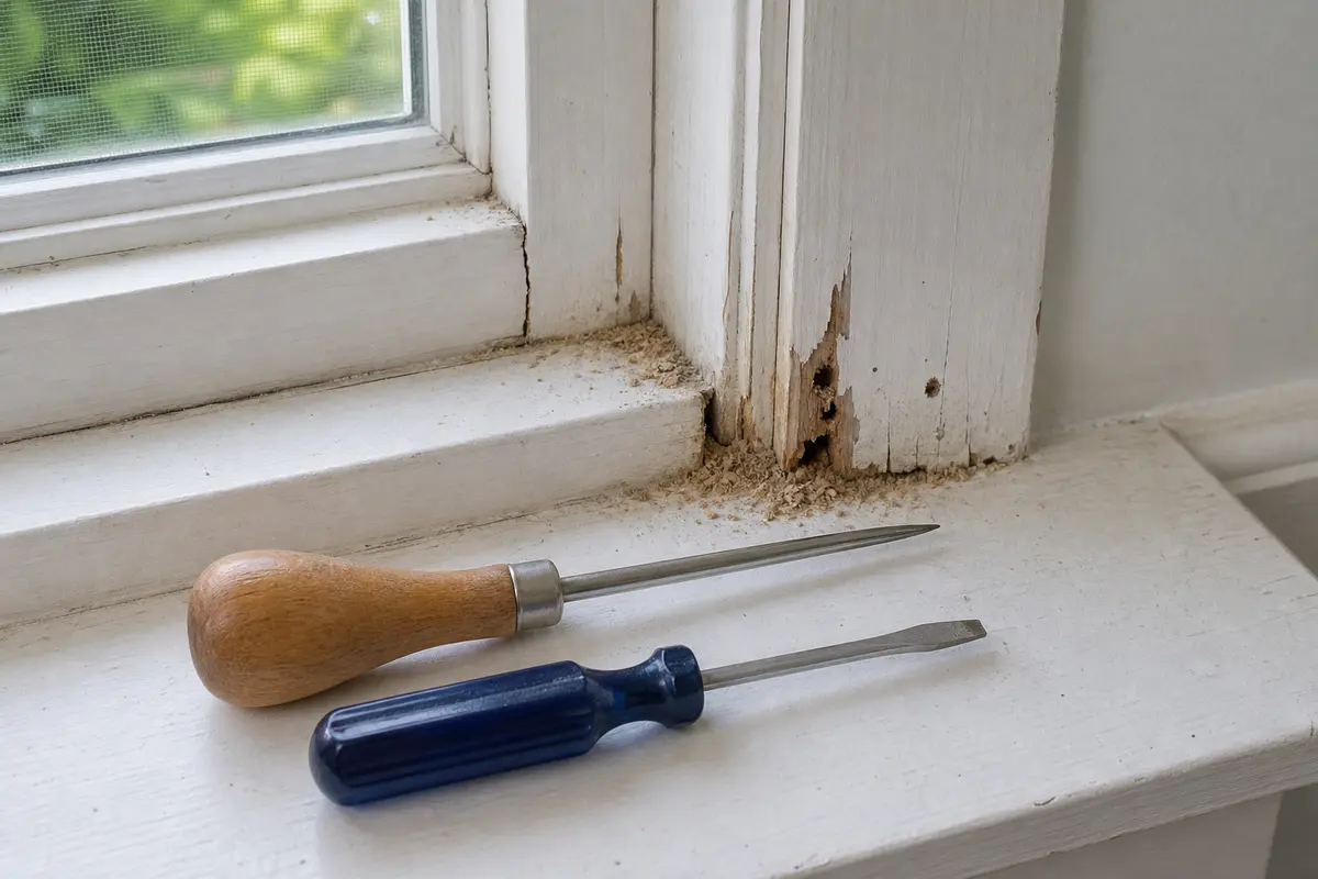 Awl and small flat screwdriver for probing soft window casing