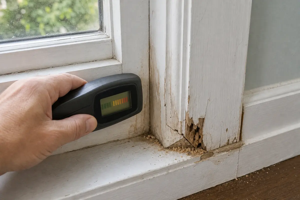 Pinless moisture meter comparing damp and dry window trim