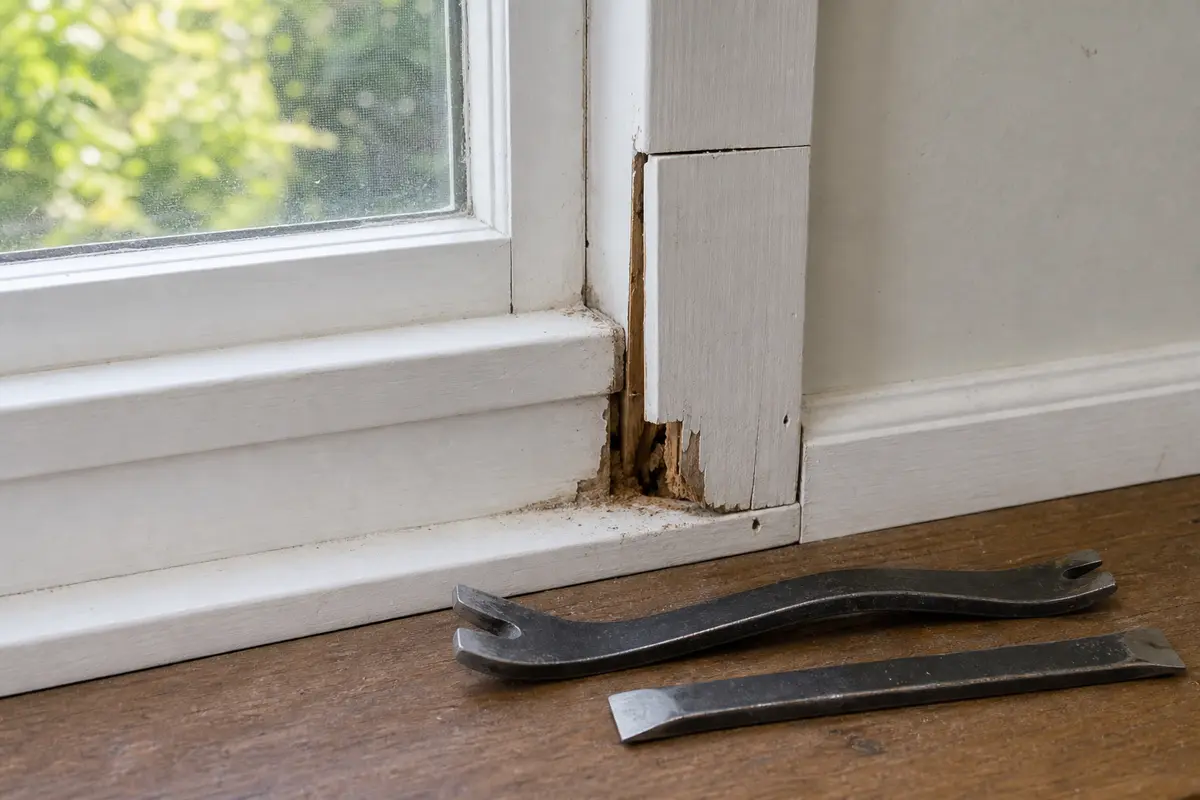Trim puller and small pry bar for carefully lifting window casing