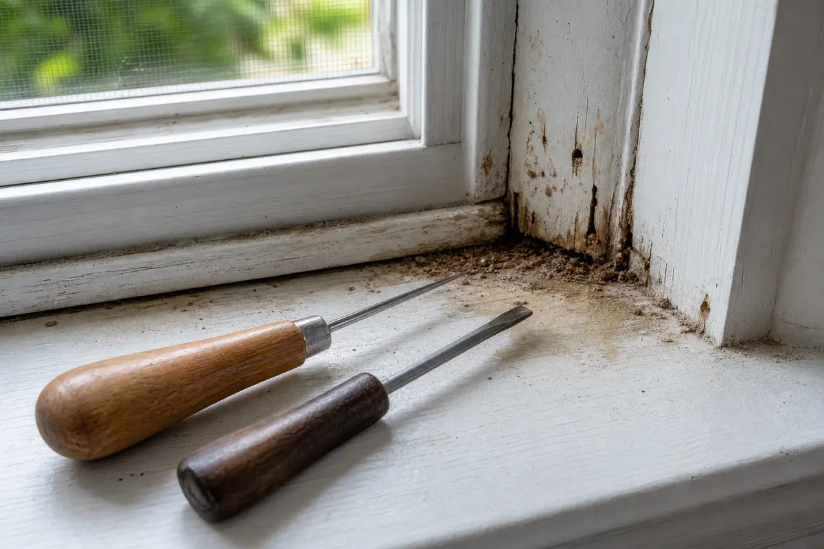 Awl and small flat screwdriver for probing soft window frame trim