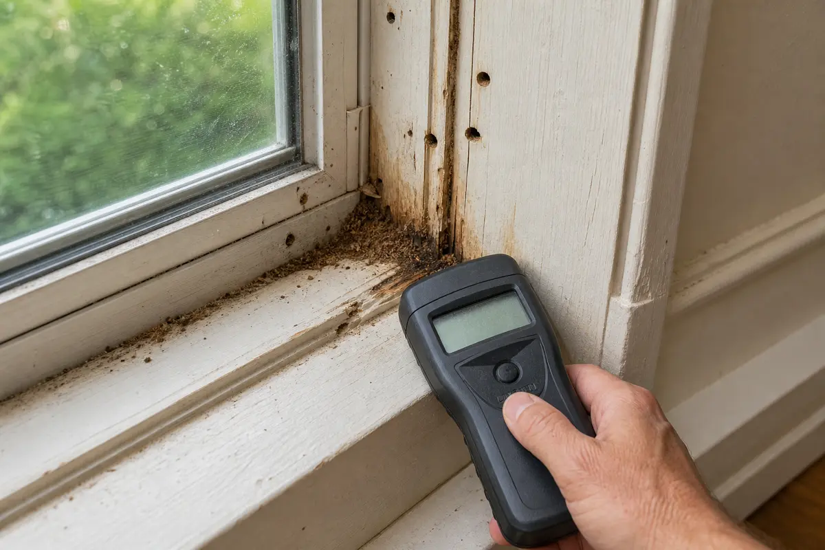 Pinless moisture meter comparing damp and dry window frame trim