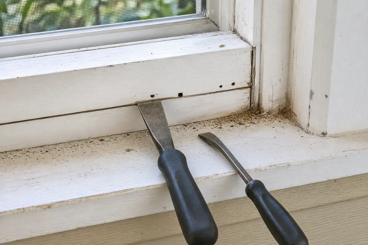 Trim puller and small pry bar for carefully lifting window frame trim