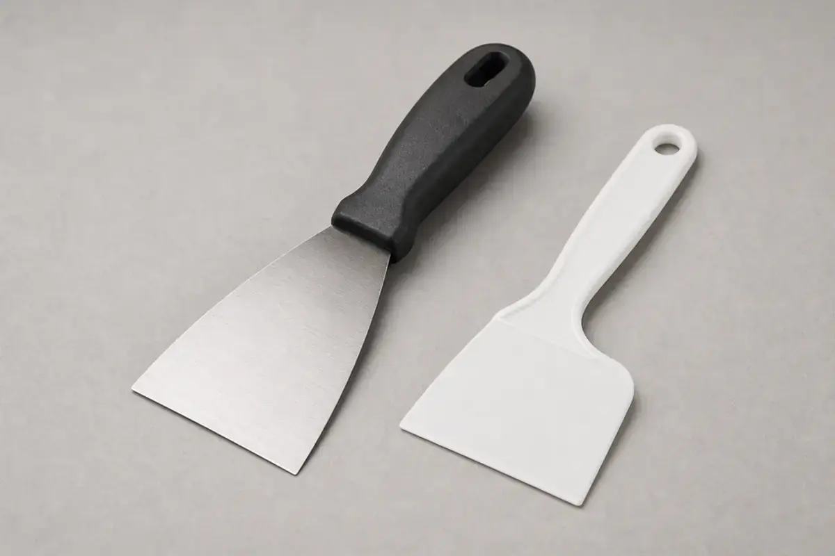 Putty knife for scraping loose filler and paint from exterior trim