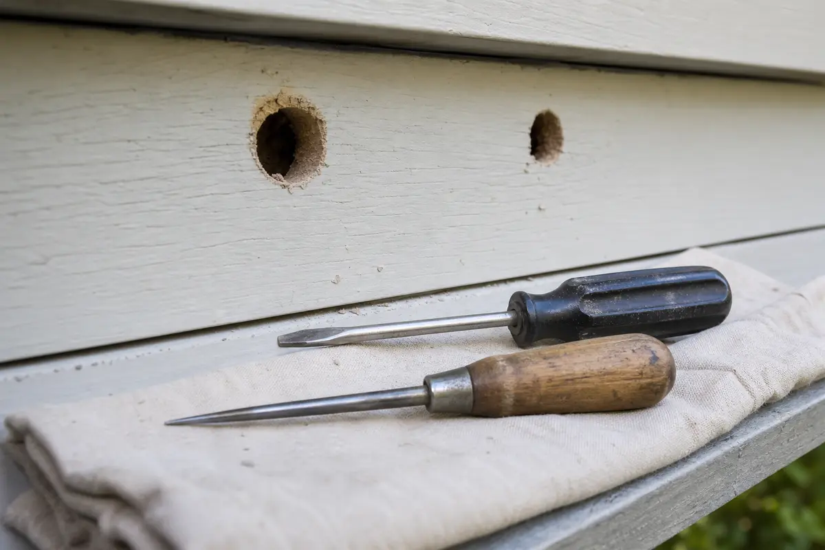 Small screwdriver and awl for probing fascia trim holes
