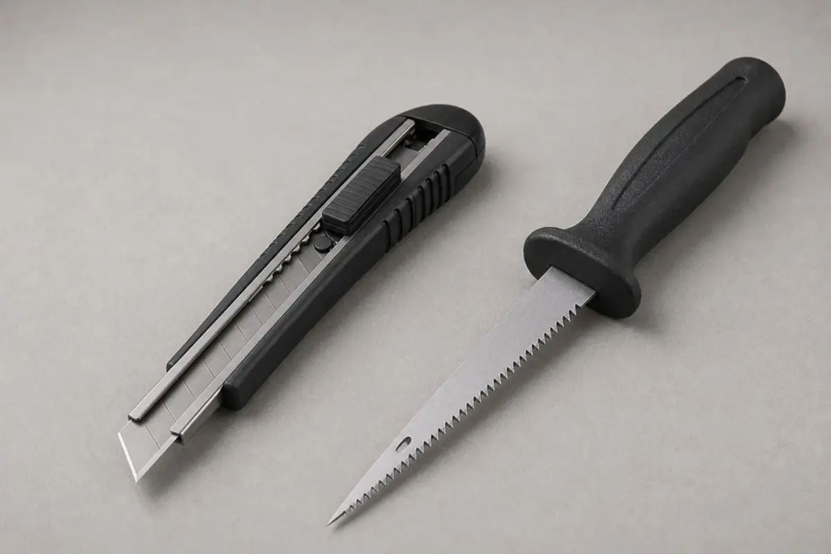 Drywall saw and utility knife for cutting out cat urine damaged drywall