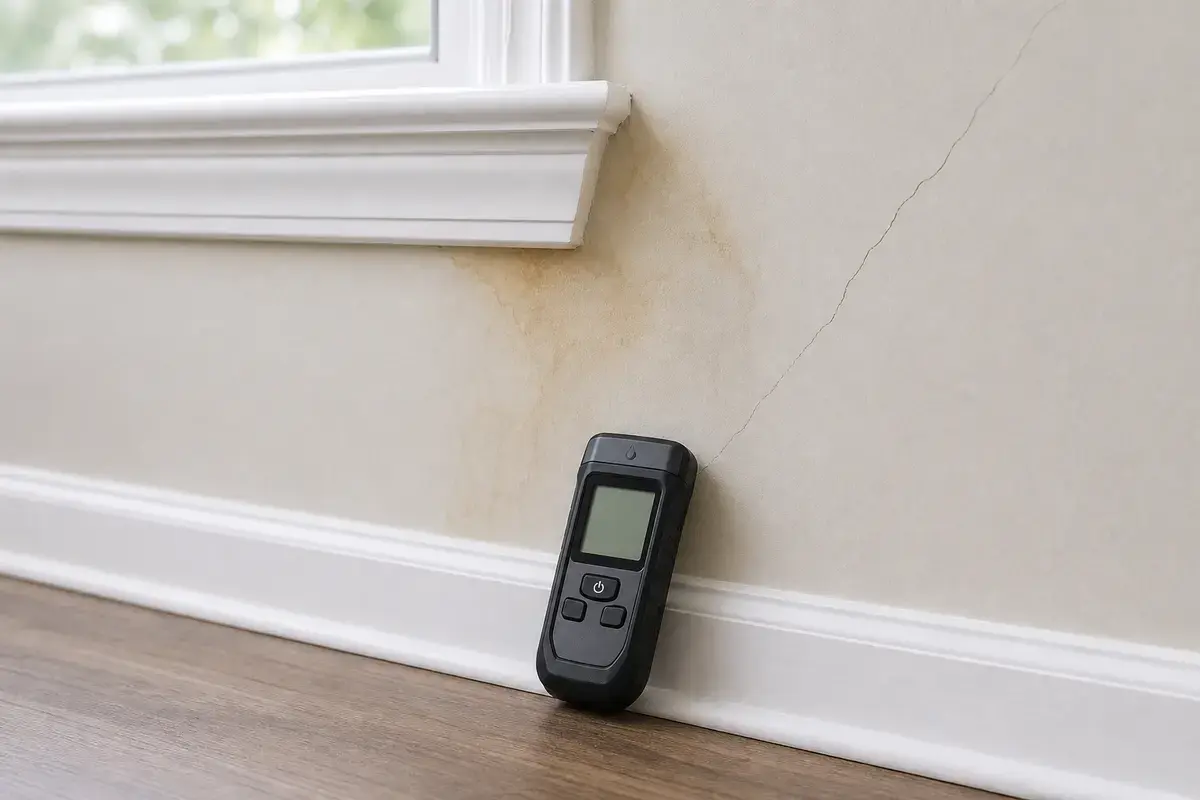 Pinless moisture meter used near cat urine damaged drywall at a baseboard