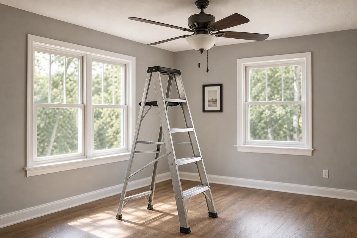Stable step ladder for safe ceiling fan inspection