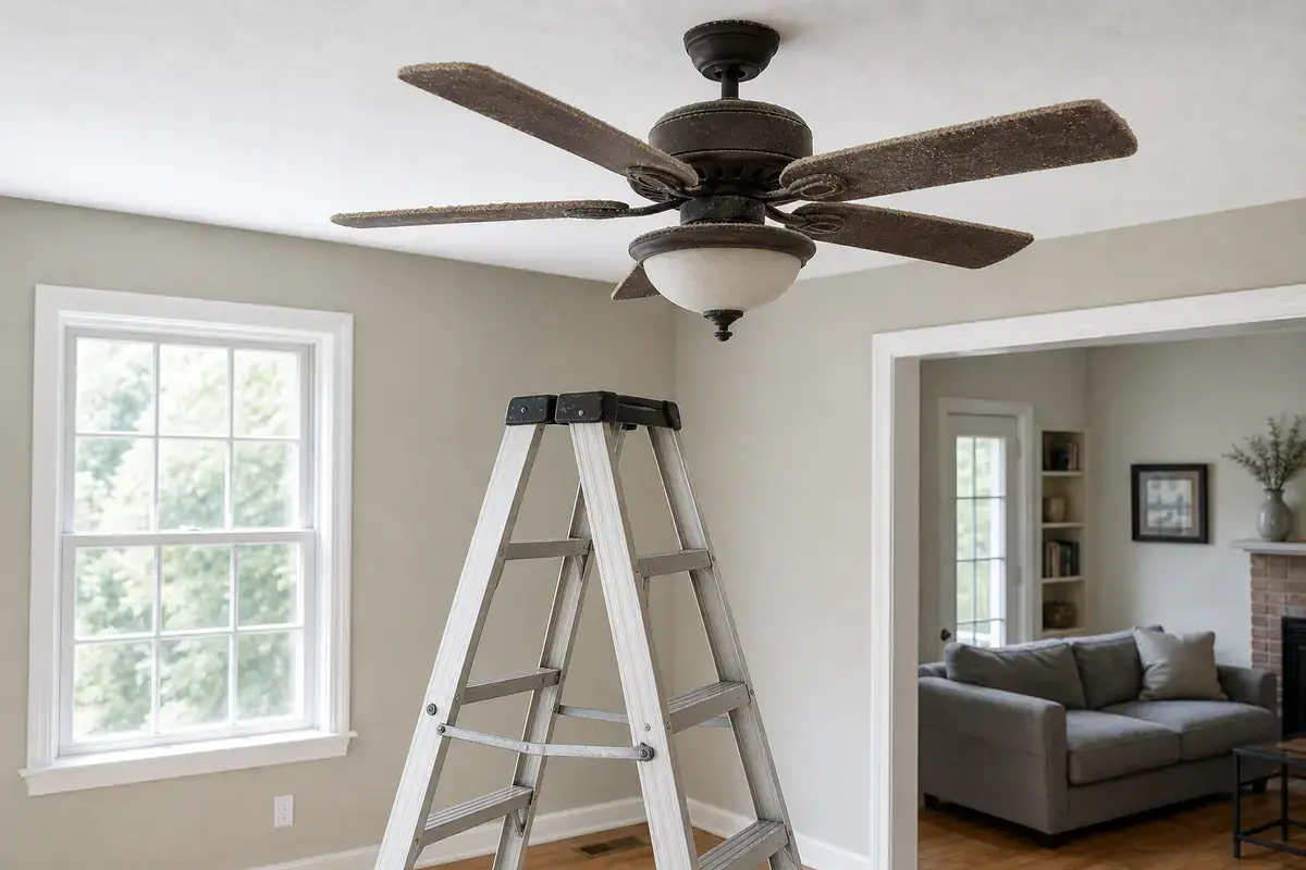 Stable step ladder for safe ceiling fan inspection