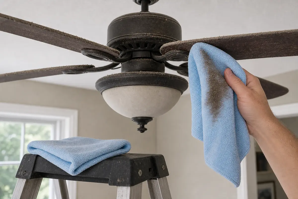 Microfiber cloths shown in the repair area for ceiling fan smells like burning