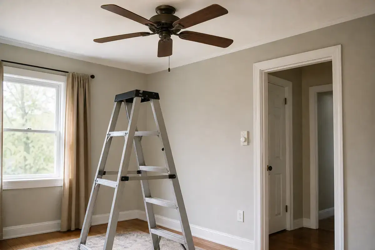 Stable step ladder for safe ceiling fan inspection