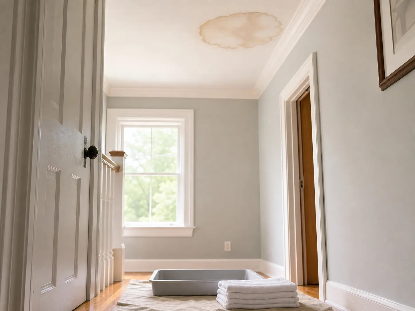 Clean rags staged for ceiling leak tracing near plumbing