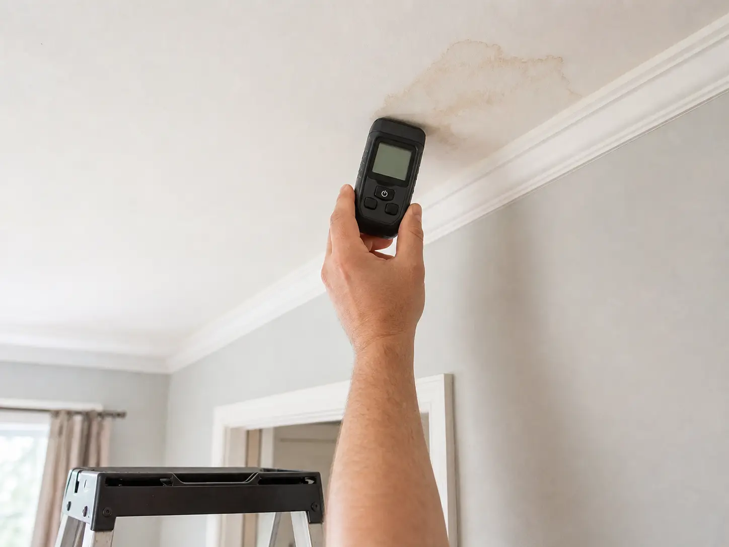 Pinless moisture meter for checking a ceiling water stain