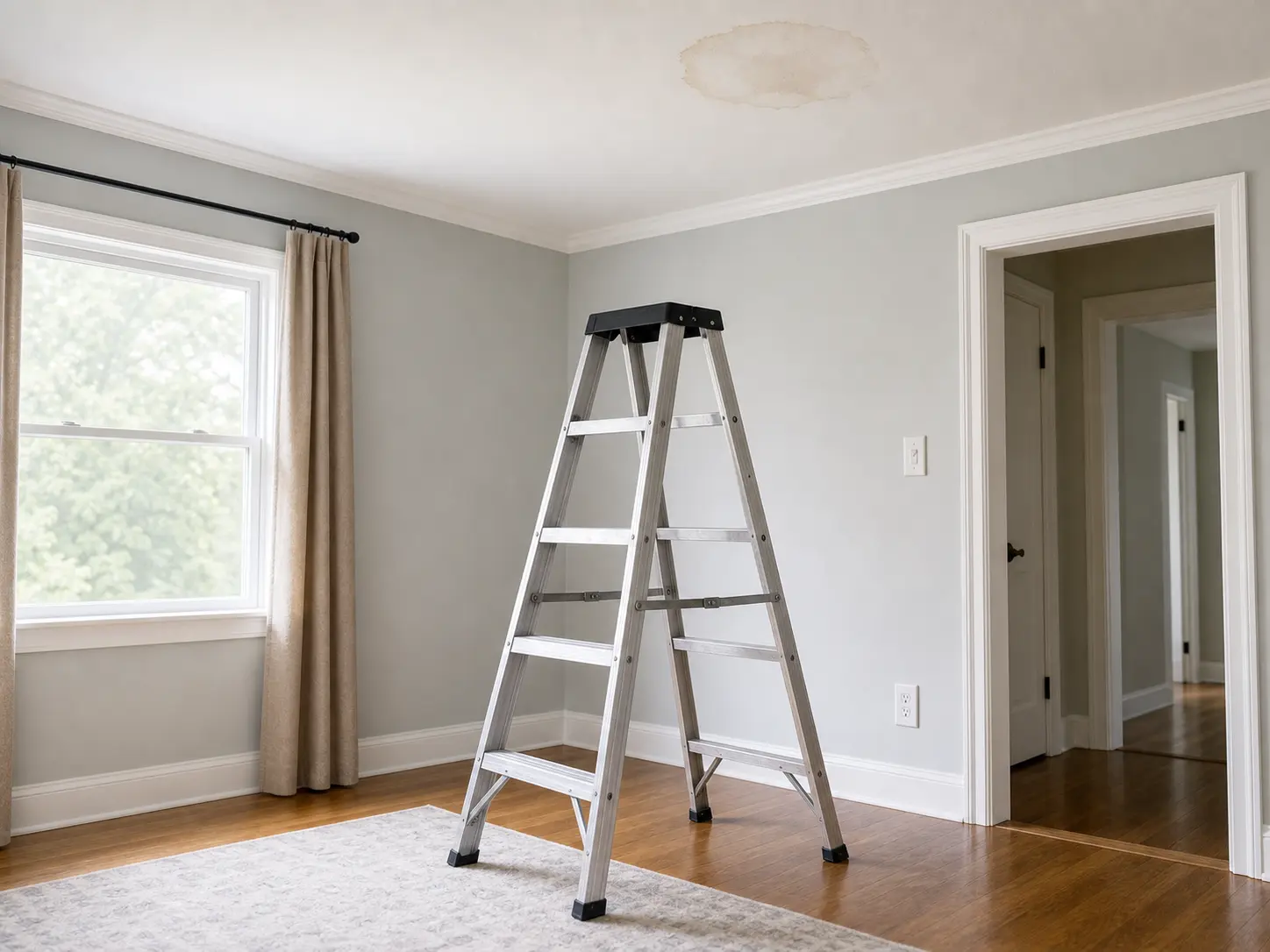 Stable step ladder set below a ceiling water stain area