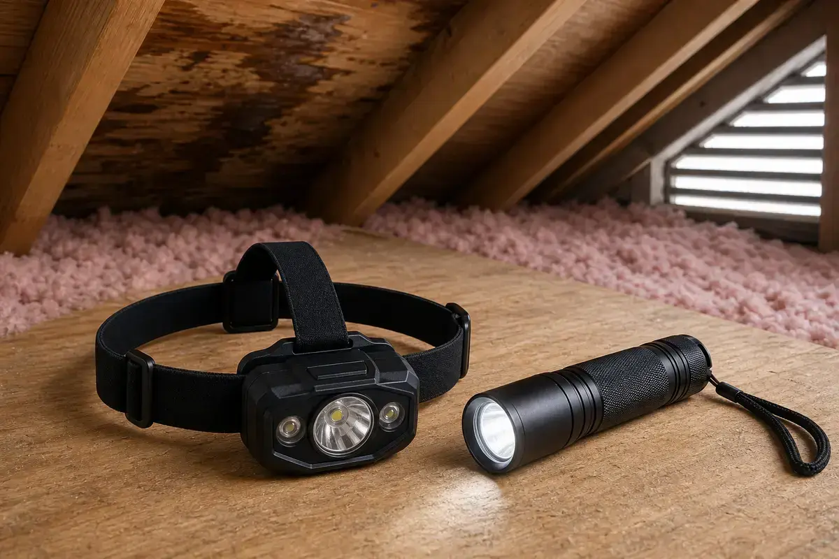 Headlamp and inspection flashlight for checking insulation above a cold ceiling