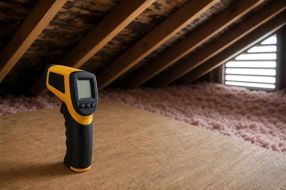 Infrared thermometer checking a cold ceiling below an attic