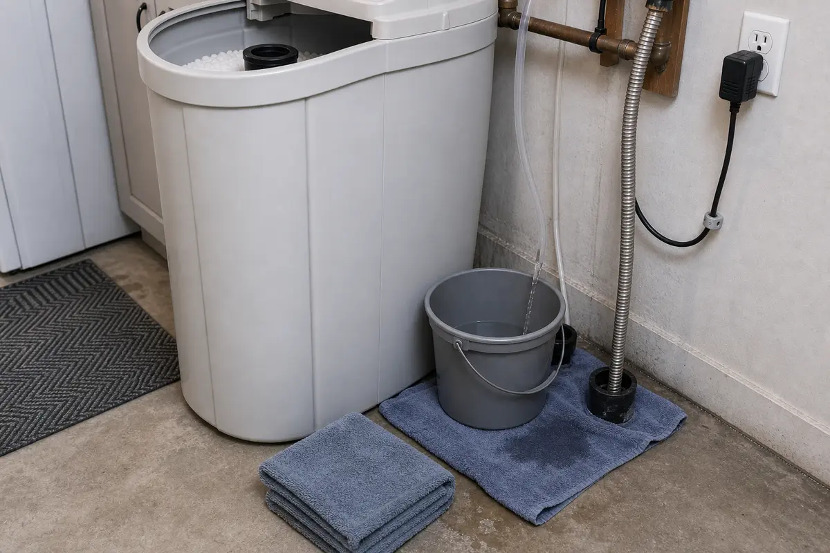 Bucket and towels staged beside a water softener brine tank for small spill control