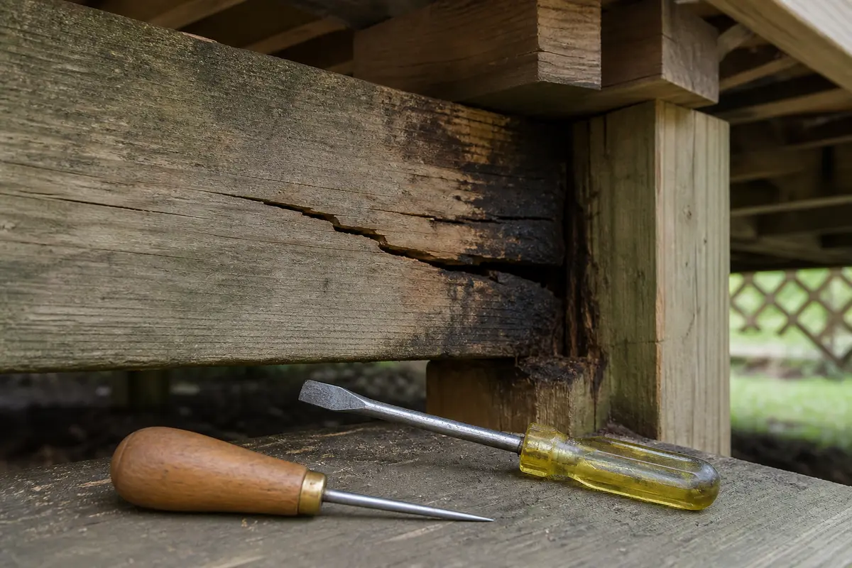 Awl or flat screwdriver probe for deck beam cracked