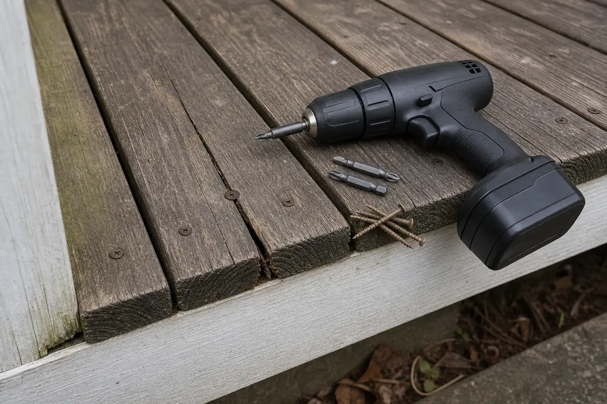 Drill driver with exterior bits for deck board fasteners