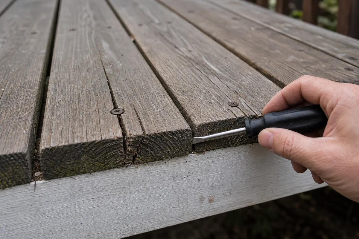 Awl or flat screwdriver for probing a soft deck board