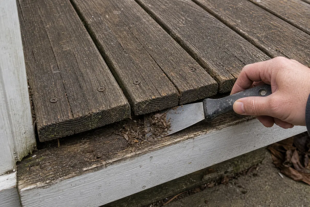 Thin pry tool for lifting a damaged deck board carefully