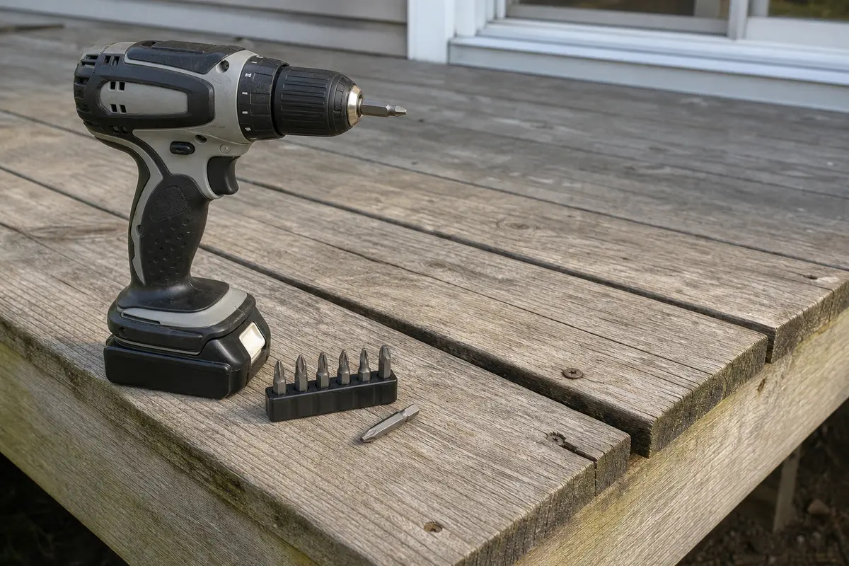 Drill driver with exterior bits for loose deck board screws