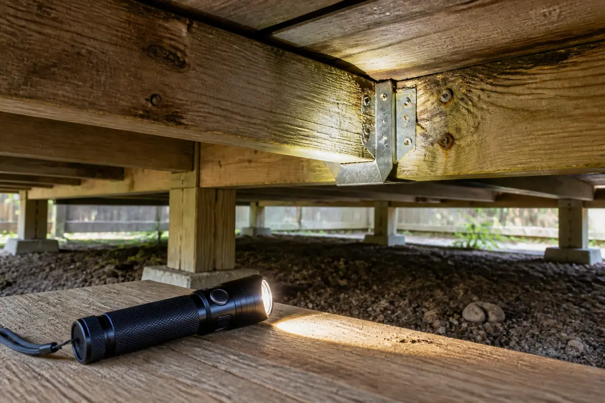 Inspection flashlight for checking joists below loose deck boards