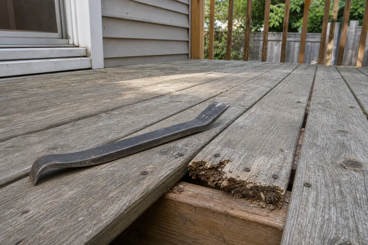 Flat pry bar for removing a damaged loose deck board