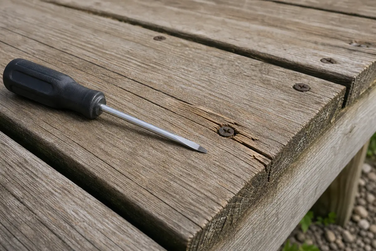 Screwdriver probe for soft wood around loose deck boards