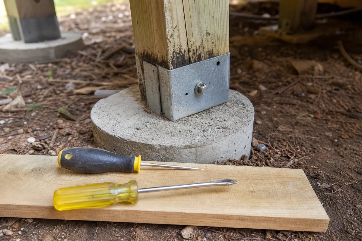 Awl or screwdriver probe for deck post base wobbles