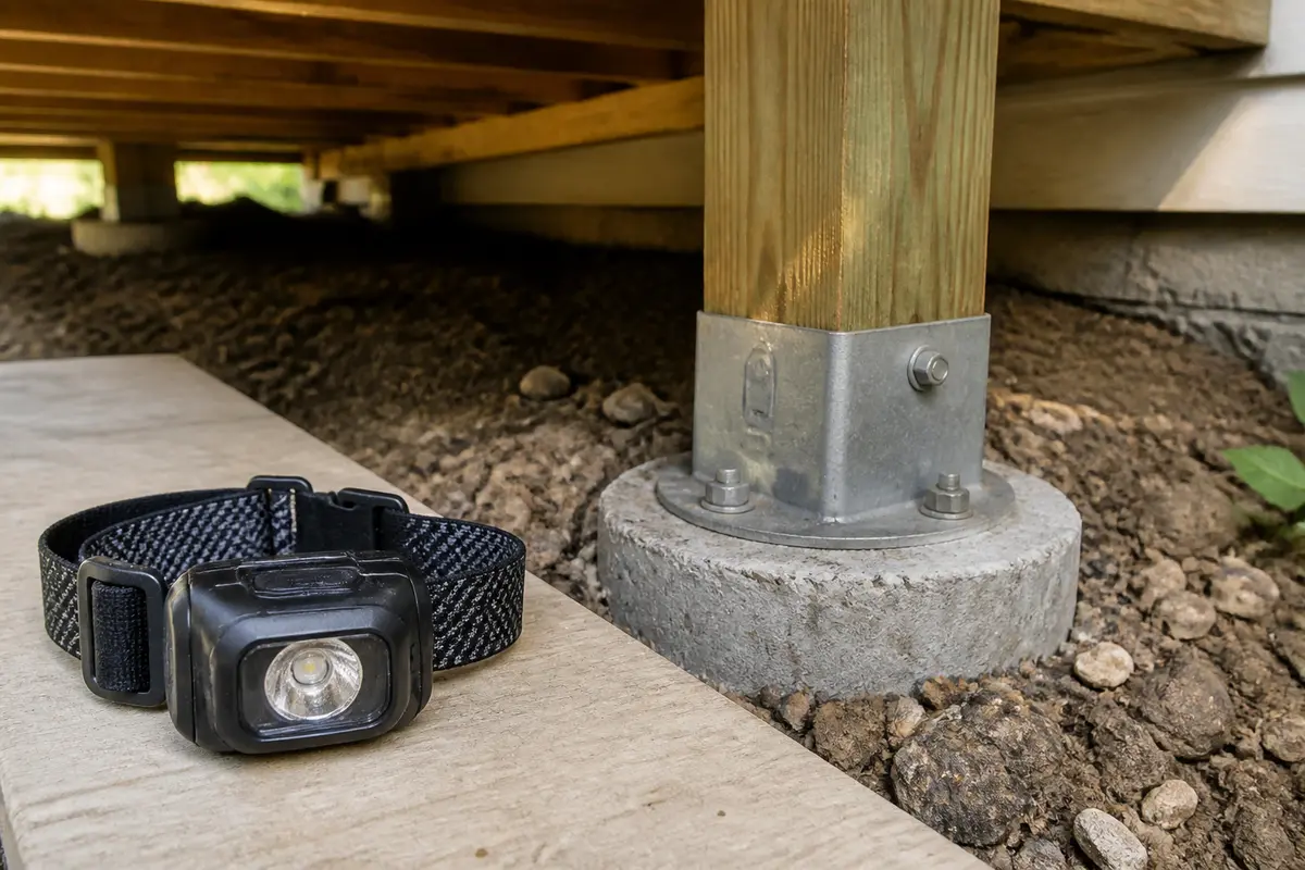 Flashlight or headlamp for deck post base wobbles