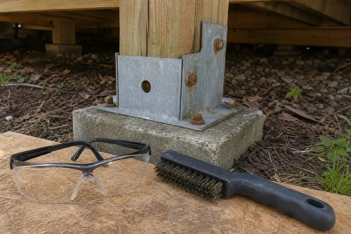 Wire brush and eye protection for deck post base wobbles
