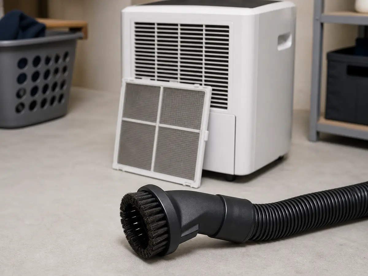 Vacuum brush attachment cleaning a dehumidifier intake grille and removable filter