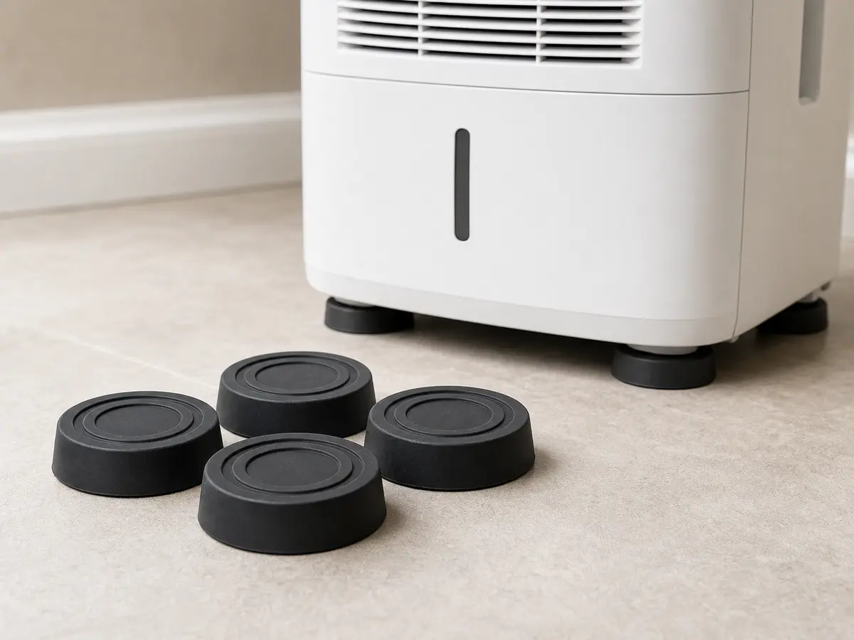 Anti-vibration appliance pads staged beside dehumidifier feet on a hard floor