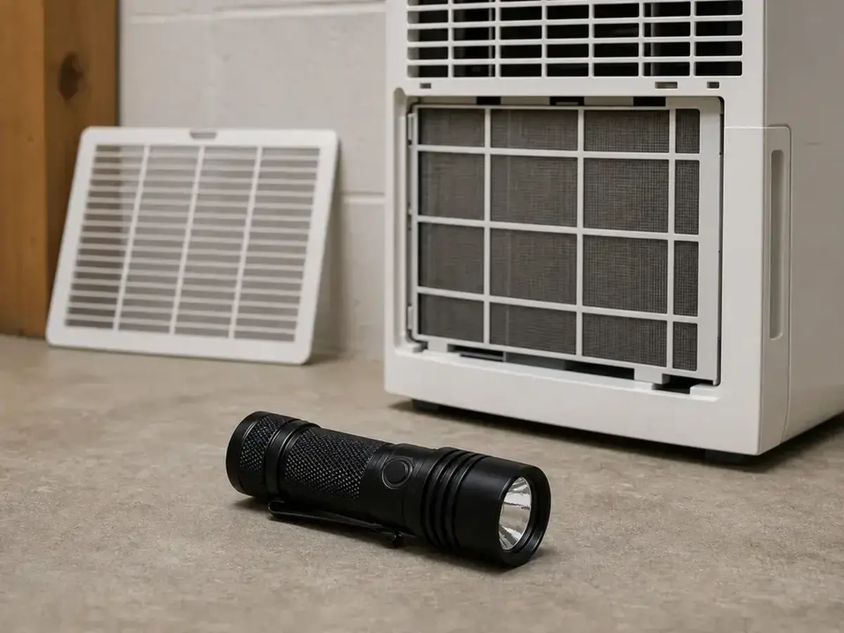 Compact flashlight for checking a dehumidifier bucket rail and filter area
