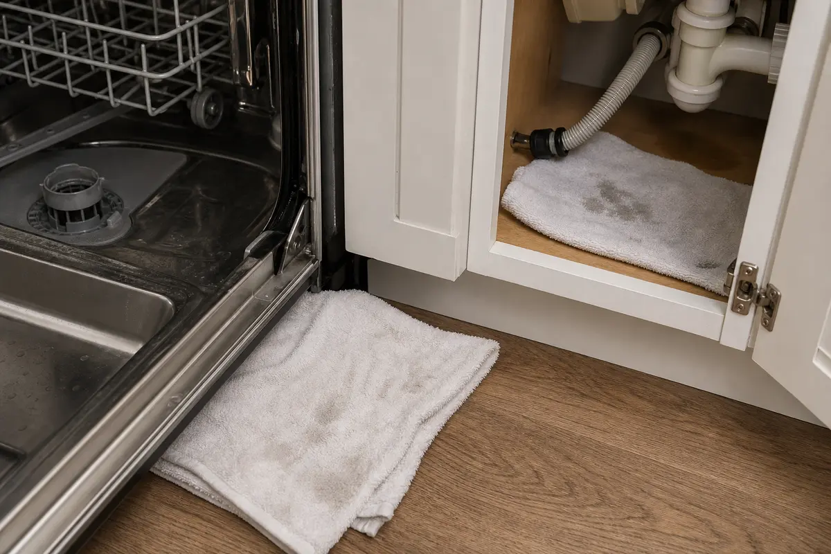 Absorbent towels staged below dishwasher drain checks for small spills