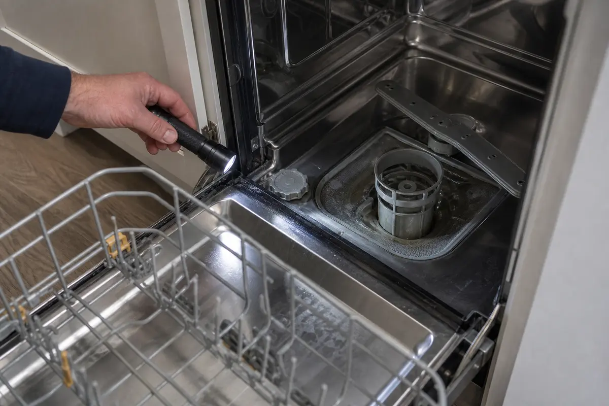 Inspection flashlight aimed at a dishwasher latch, filter, float, and drain area
