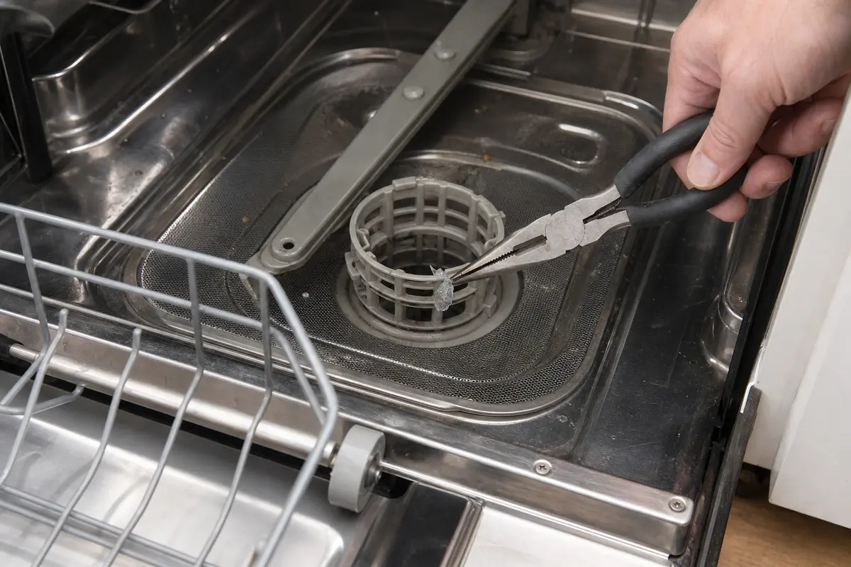 Needle-nose pliers lifting visible debris from a dishwasher sump opening