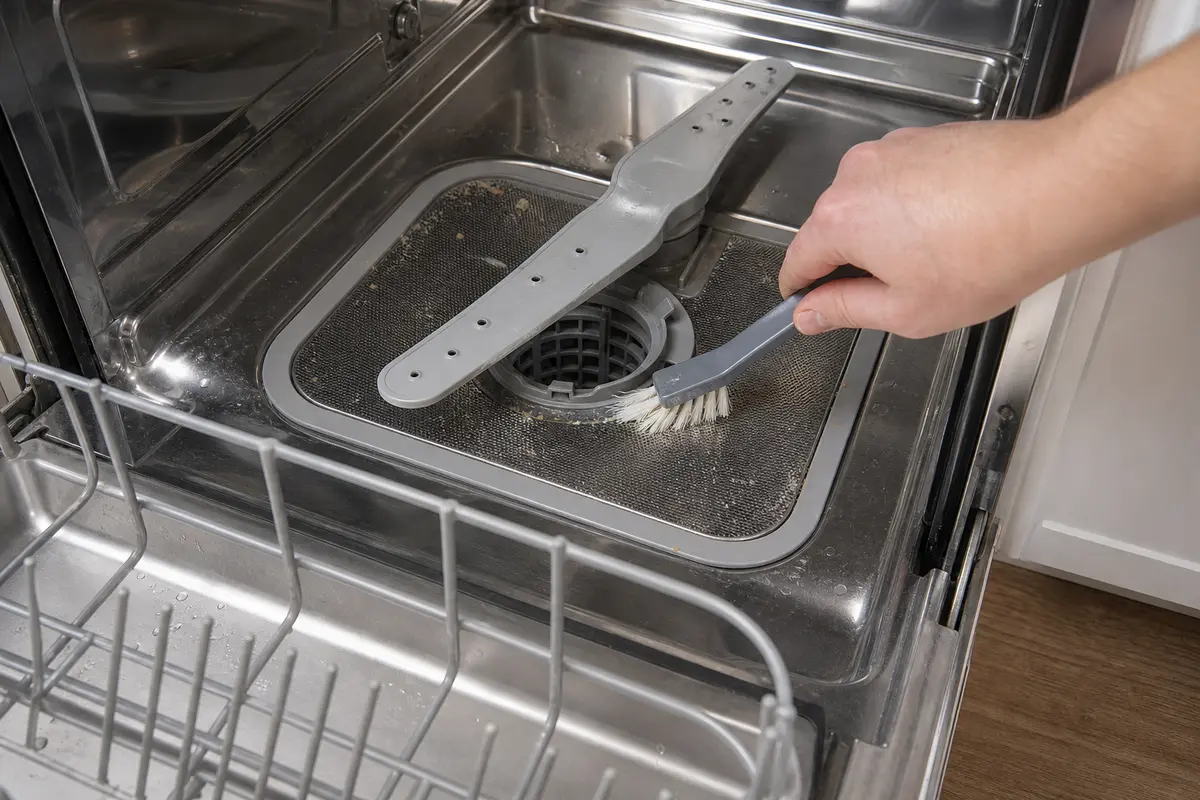 Soft cleaning brush cleaning dishwasher filter mesh and spray arm holes