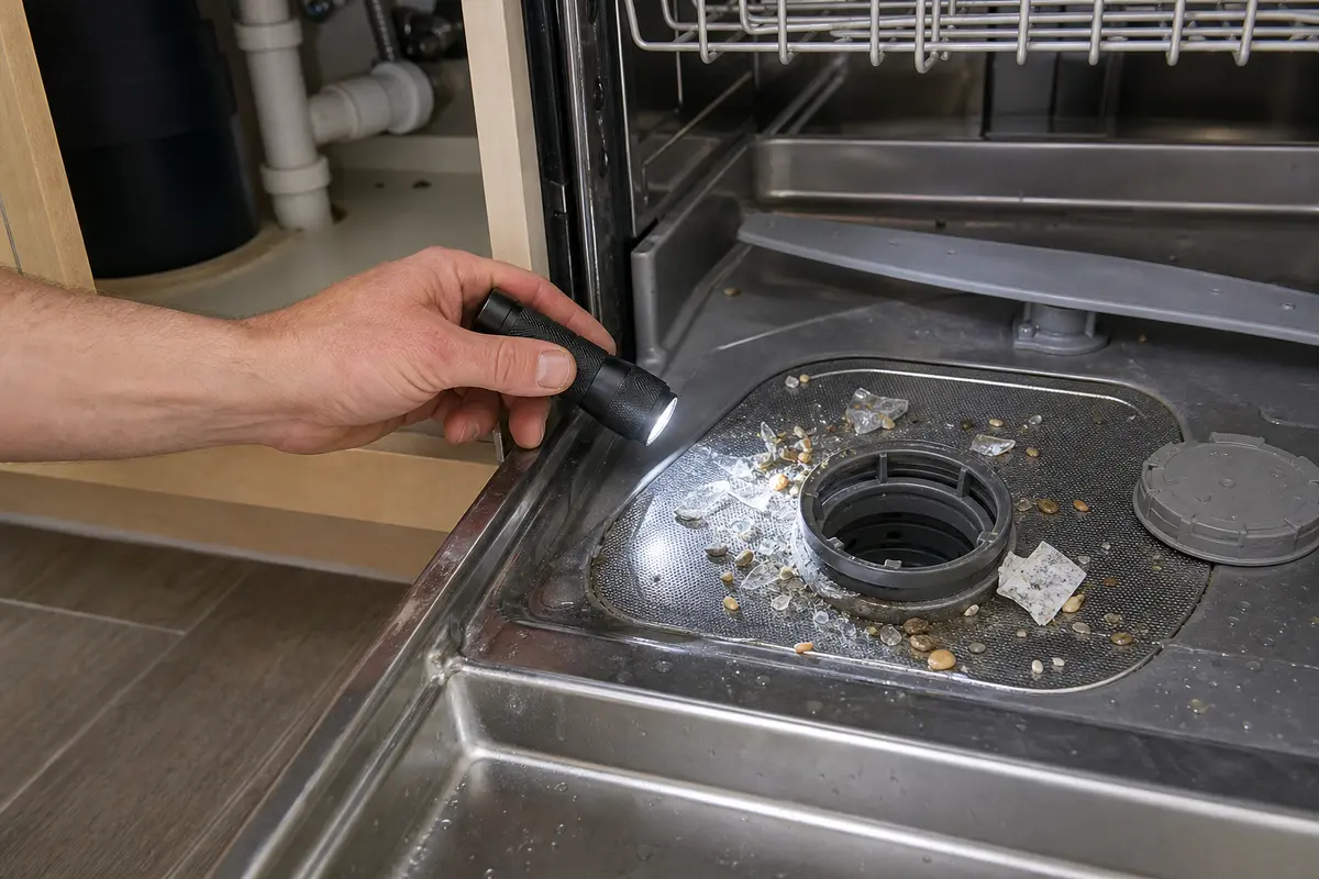 Inspection flashlight aimed into dishwasher sump and drain area