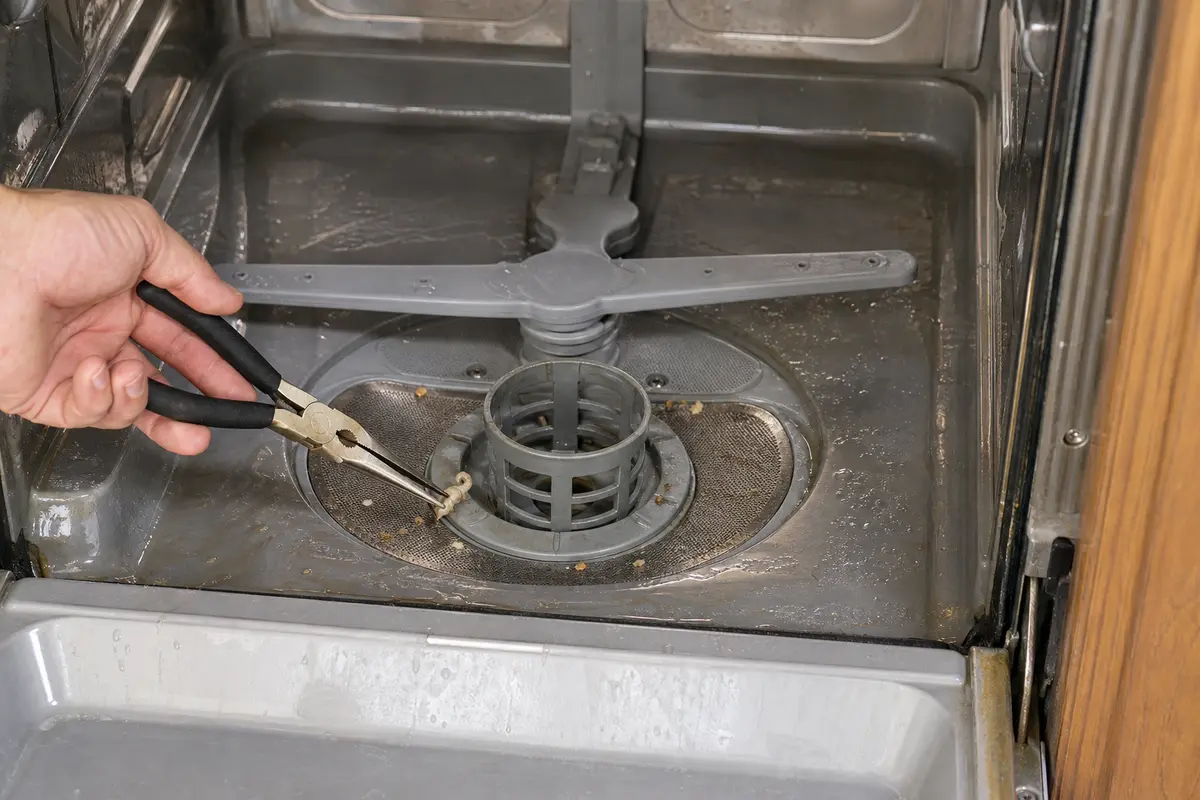 Needle-nose pliers removing visible debris from a dishwasher sump