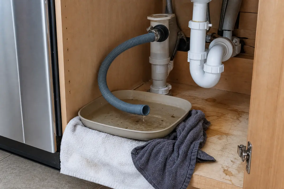 Shallow pan and towels under a dishwasher drain hose connection