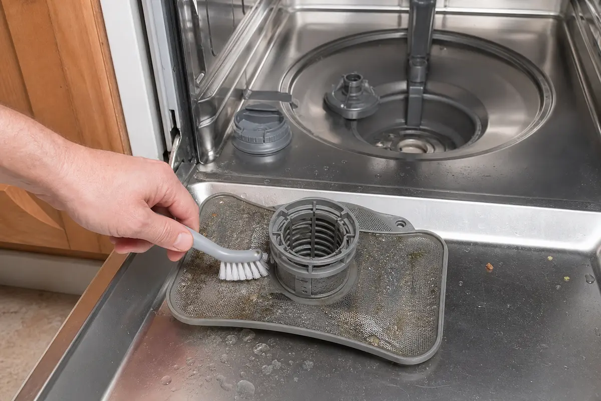 Soft cleaning brush scrubbing dishwasher filter mesh