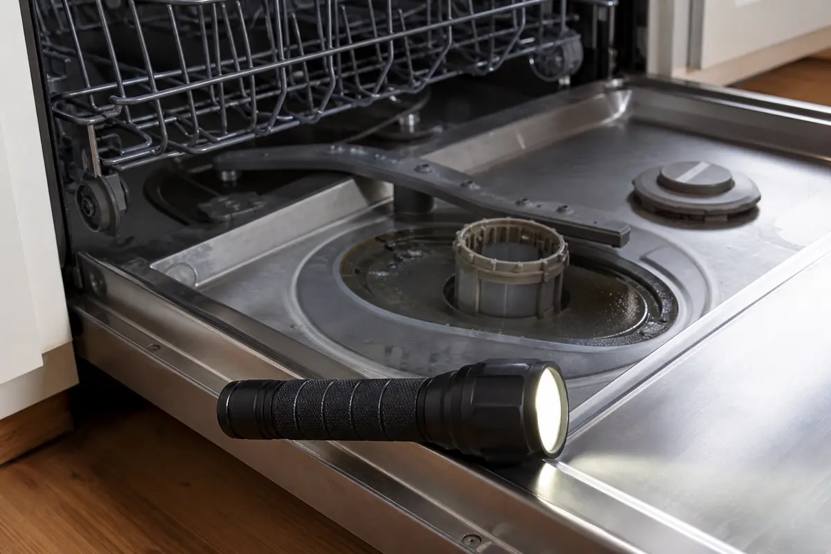 Inspection flashlight inside a dishwasher tub with the sump area open