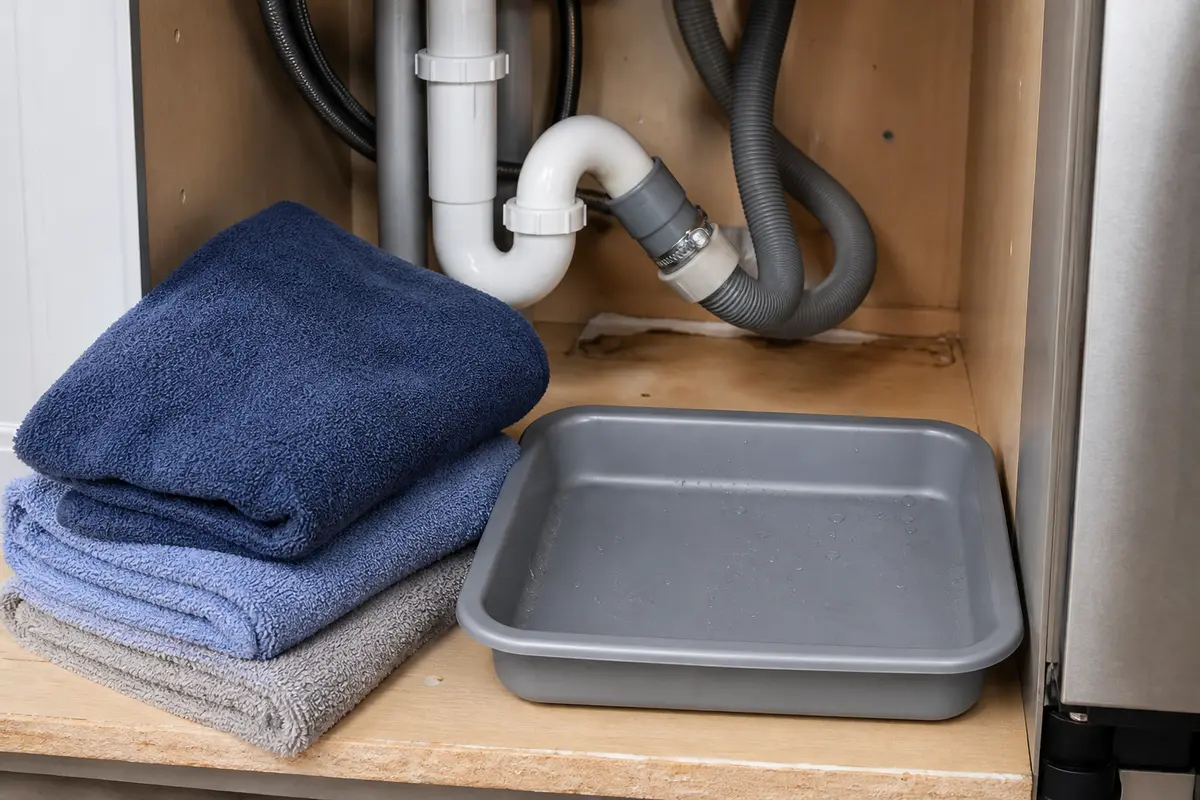 Towels and shallow pan staged under a dishwasher drain hose