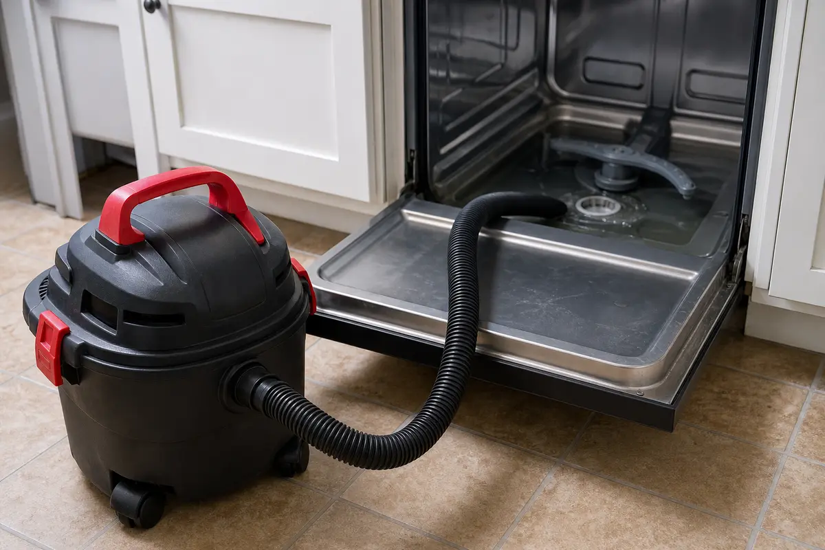 Wet dry vacuum beside an open dishwasher tub for standing water cleanup